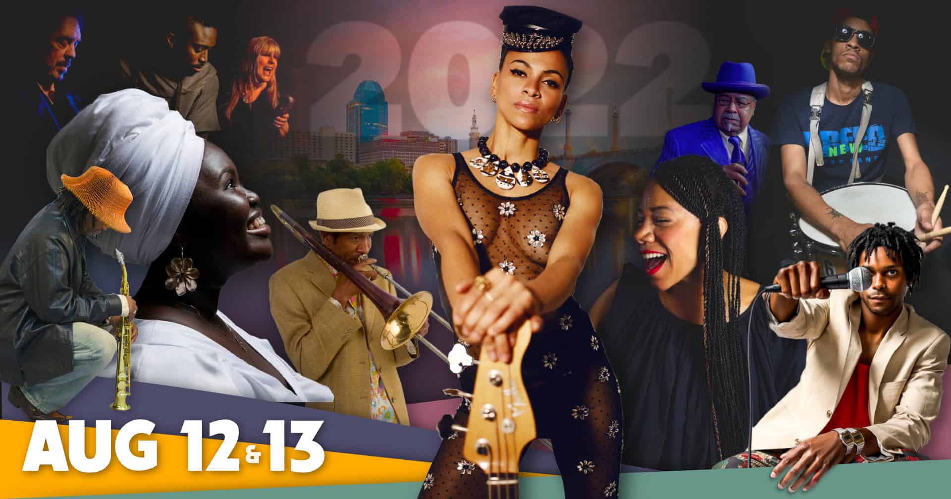Photo montage of the various artist who will be performing in the 2022 Springfield Jazz & Roots Festival